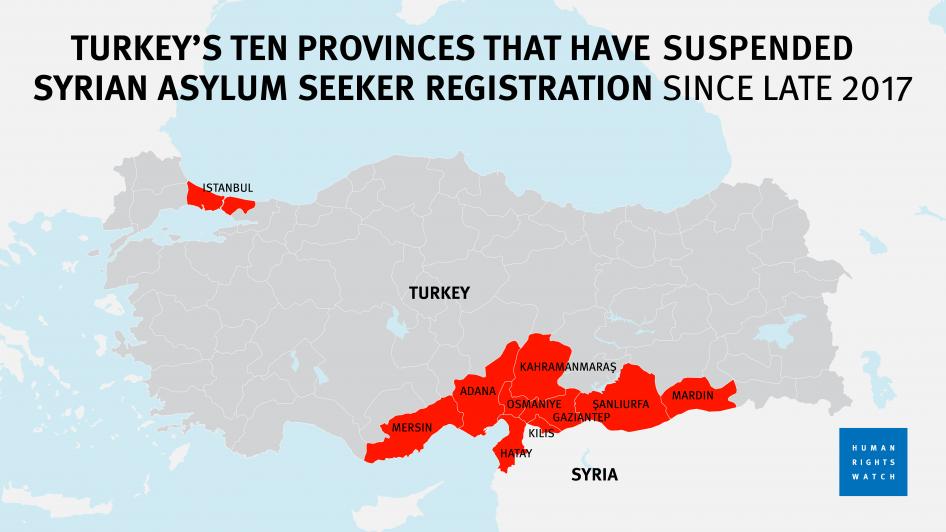 Map showing the provinces in Turkey that have stopped registering Syrian asylum seekers, as of late 2017.